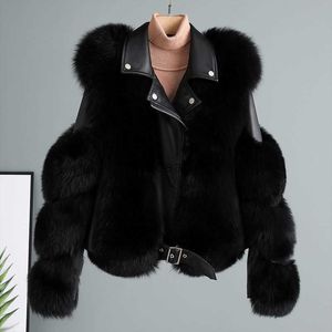 Women's Fur Faux Fur Women Faux Fur Coat with Winter Fashion 2022 New Motocycle Style Luxury Fox Fur Leather Jackets Woman Trendy Overcoats YQ230925