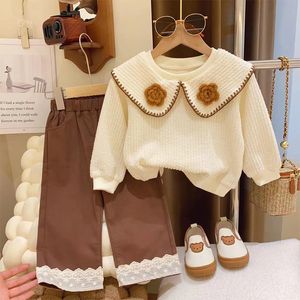 Kleidung Sets Kinder Kleidung Zwei Stück Set Korea Baumwolle TurnDown Kragen Top Breite Bein Hosen Boutique Outfits Anzug Für Mädchen modische 230923