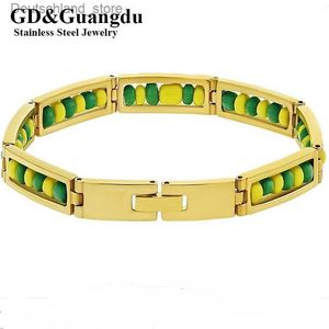 Charm Bracelets 2022 Wholesale New Stainless Steel Jewelry Green and Yellow Color Orula Bracelet Mix Beads Unisex Shango Ochun Bangle For Women Q230925