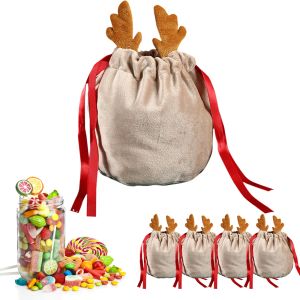 Saco de presente de doces de rena de natal sacos de veludo de papai noel sacos de presente com cordão decoração de natal crianças presentes de festa de ano novo