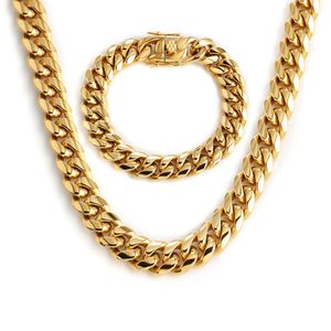 Miami kubanska länkkedjor män kvinnor smycken set hip hop halsband armband 316l rostfritt stål dubbel säkerhet lås clasps trottoarkant cha313z