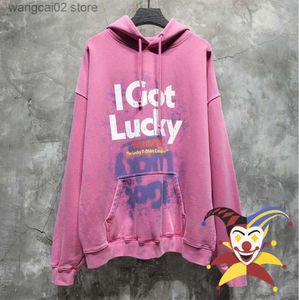 Hoodies sweatshirts 2023fw yıkanmış pembe vetementler kadınlar hiçbir şey yapmadım, sadece şanslı vintage kapşonlu büyük boy kazıma T230602