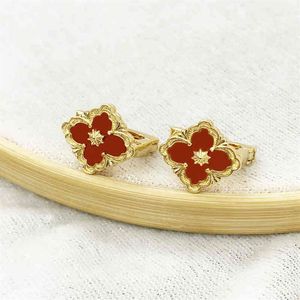 2022 Vintage Solid Color Lucky Four Leaf Clover Charm Earrings For Women Copper Ear Studs Jewelry Luxury Gift309V