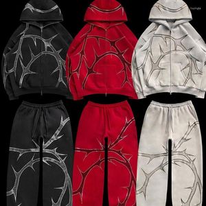 Mens Tracksuits Rhinestones Print Full Zip Hoodie Loose Set Men Fashion Streetwear Y2k Gothic Hip Hop Sweatshirts Clothing