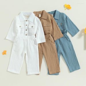 Kläder sätter två stycken avslappnad långärmad baby pojke faller outfits kostym mode knapp ner lapel skjorta toppar byxor set för småbarnskläder