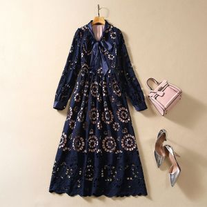 2023 Autumn Blue Solid Color Ribbon Tie Bowknot Dress Long Sleeve Round Neck Midi Casual Dresses A3S150904-03