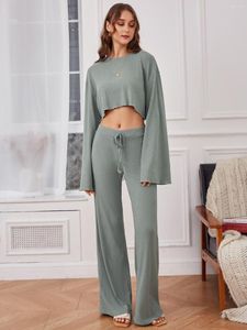 Calças femininas de duas peças ZAFUL cortadas com nervuras flare manga top e conjunto feminino sólido twinset pulôver