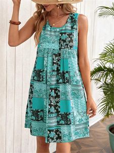 Casual Dresses Trend ärmlös strandstil Tankklänning Kvinna Vestido 2023 Summer Women Vintage Plaid Print A-Line Elegant