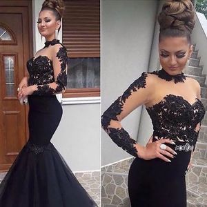 Evening Dresses Black Prom Party Gown Formal Mermaid Long Sleeve New Custom Plus Size Zipper Lace Up High Neck Tulle Applique Illusion