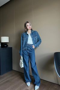 Women's Two Piece Pants Design Denim Women Set Sequined Embroidery Button Jacket Coat + High Waist Wide Leg Trousers Suits