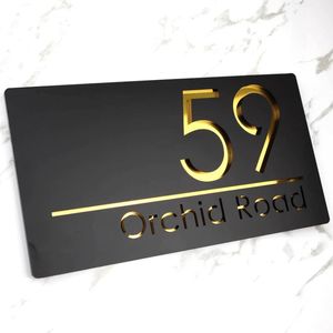 Garden Decorations Personalised Laser Cut Acrylic Modern House Door 3D Number Sign Plaques Outdoor Street Family Name Plates Matte Black 28x15cm 230925