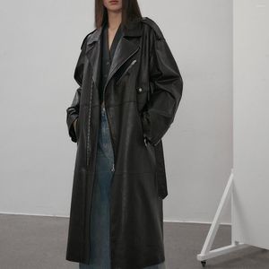 Women's Leather 2023 Arrival Women Vegetable Tanned Real Sheepskin Long Zippered Motorcycle Jacket Trench Coat