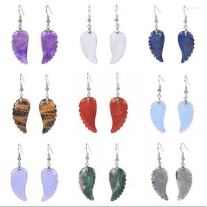 Dangle Earrings KFT Natural Carved Healing Reiki Crystal Quartz Stone Earring Amethysts Lapis Lazuli Angel Wing Hook