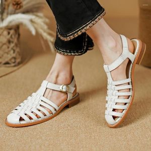 Sandali Danxuefei da donna in vera pelle fascia stretta intrecciata con cinturino a T appartamenti punta rotonda gabbia estate casual scarpe gladiatore