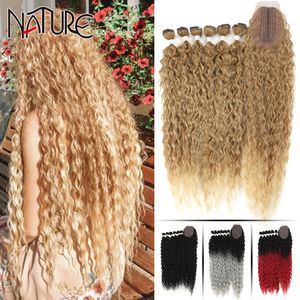 Bulks de cabelo humano 7 pçs / lote pacotes de cabelo encaracolado com fechamento sintético tecer extensões de cabelo 6 pacotes e fechamento de renda 30 polegadas resistente ao calor 230925