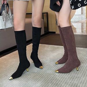 Frauen Frühling Herbst Flock Chelsea Boot Mode Sexy Spitz Metall Dekoration Nähen Knie High Heel Stiefel Party Club 230922