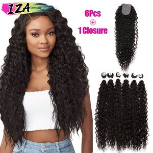 Human Hair Bulks IZA Synthetic Kinky Curly Hair Extensions 6PCS With 2*4 Closure Ombre Blonde Long Curly Organic Hair 28/30/32Inch Weave Hair 230925