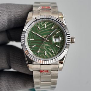 Rund Dial Olive Green Men's Watch 41mm Palm Leaf Mönster Vattentät skrapbeständig Blue Crystal Folding Spänne Rostfritt 2726