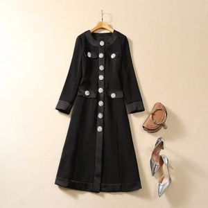 2023 Autumn Black Solid Color Dress Long Sleeve Round Neck Buttons Midi Casual Dresses A3S150901-08