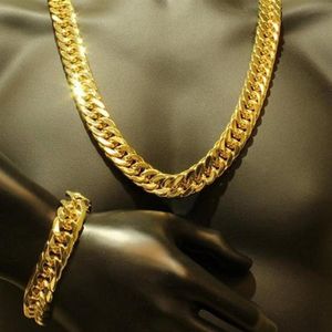 Conjunto de corrente e pulseira de elos cubanos grossos masculinos com acabamento preenchido em ouro amarelo 24k 1 0 cm de largura 24 polegadas 9 polegadas 202b
