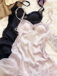 Women's Sleepwear Sexy Satin Lace With Bra Without Steel Ring Halter Nightgown Hollow Bow Backless Lingerie