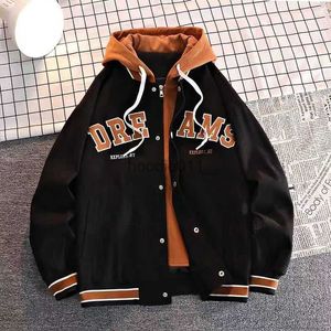 Herrenjacken Amerikanischer Hiphop-Baseballanzug Gefälschter zweiteiliger modischer vielseitiger Kapuzenpullover Gleicher Samt-Thermomantel für Männer und Frauen L230925