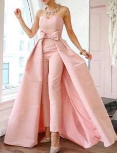 Tute rosa a 2 pezzi Abiti da sera Abiti per occasioni formali Bellissimo retro Abito da fidanzamento sexy con scollo a cuore senza maniche con fiocco staccabile