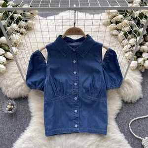 Women's Blouses Y2k Denim Vintage Blouse For Women Short Puff Sleeve Hollow Out Lapel Single Shirts Summer Versatile Elegant Tops Drop