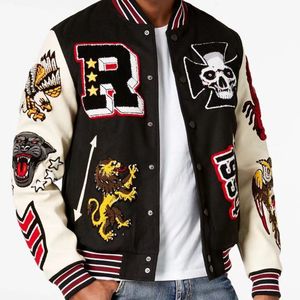 Varsity jackor för män sömnad brevman skalle sport baseball krage läder ärm i streetwear hiphop bomber freds tops rockar brodery