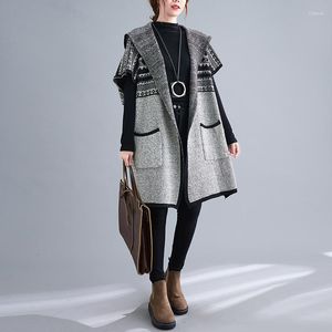 Women's Vests Plus Size 4XL 120kg Winter Vest Long Knitted Women Elegant Sweater Hooded Jackets Outerwear Office Lady Waistcoat