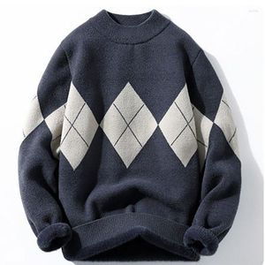 Männer Pullover Winter Männer Ein Stück Plüsch Kurze Pullover Vintage Diamant Plaid Patchwork Farbe Verdicken Männlich Warme Koreanische Pullover