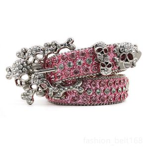 Fashion designer belt skull bb simon mens belt for woman pink rhinestone waistband PU hip hop punk personality exaggerated trend Halloween perform waist band