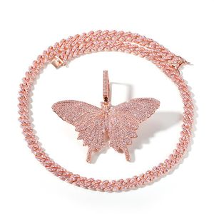 Hip Hop Rose Gold Butterfly Pendant Necklaces Pink Cuban Link Chain Tennis Chain For Men Women Iced Out Cubic Zircon Fashion Jewel2333