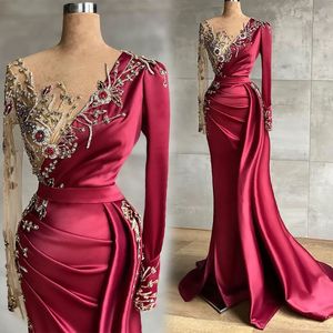 Evening Dresses Dark Red Prom Party Gown Formal Mermaid Long Sleeve Beaded New Custom Plus Size Zipper Lace Up V-Neck Crystal Satin Illusion