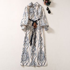 2023 Autumn White Floral Print Waist Belted Dress Long Sleeve Lapel Neck Midi Casual Dresses A3S150814-05