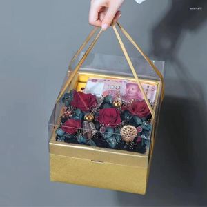 Confezione regalo per fiori con coperchi trasparenti e scatole con manico per composizioni di lusso, confezioni di San Valentino per matrimoni