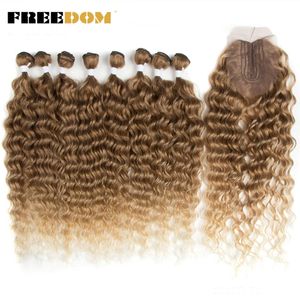 Human Hair Bulks FREEDOM Synthetic Hair Bundles With Closure Water Wave Hair Extensions Ombre Blonde Grey Hair 20inch High Temperature Fiber Hair 230925