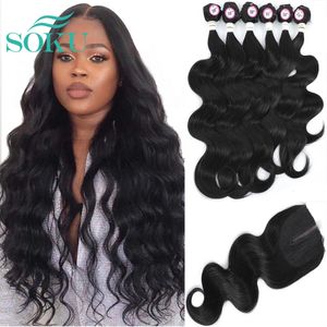 Cabelo Humano Bulks Extensões de Onda Corporal Cabelo Sintético Fechamento de Renda Weave Bundles SOKU Livre 4 * 4 Fechamento Natureza Profunda Weave Extensões de Cabelo 6 Pacotes 230925