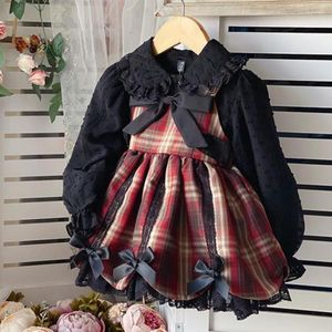 Conjuntos de roupas Baby Girl Vinatge Espanhol Lolita Bonito Lace Camisa Bow Plaid Strap Ball Vestido Princesa Dess Festa de Aniversário Duas Peças