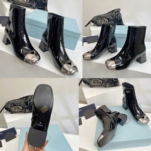 New Womens designer boots block shaped boots triangle Logo autumn winter boots Elegant Fashion Boots patent leather Cowhide leather boots high quality Lady Boots