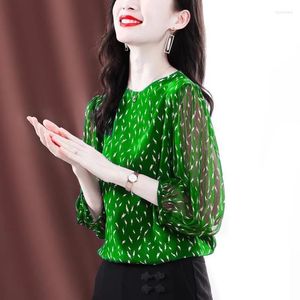 Women's Blouses Elegant O-Neck Printed All-match Folds Chiffon Blouse Clothing 2023 Summer Casual Pullovers Loose Office Lady Shirt