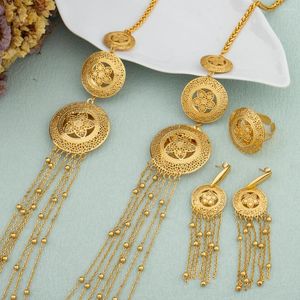 Colar brincos conjunto 18k banhado a ouro longo grânulo corrente jóias para mulheres noiva dubai africano borla anel flor design