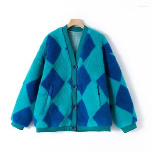 Women's Leather Winter Faux Fur Coat For Women Wool Checkerboard Integrated Furry Oversized Overcoat Fashion Fluffy Jacket Female Blue