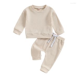 Kläduppsättningar småbarn Baby Boy Girl Fall Winter Outfits Waffle Stick Letter Tryckt långärmad tröja toppar byxor Kläder set