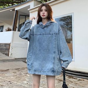 Hoodies femininos outono denim moletom feminino o-pescoço com capuz manga longa acolchoado pulôver topo casual moda retro bolso streetwear camisa