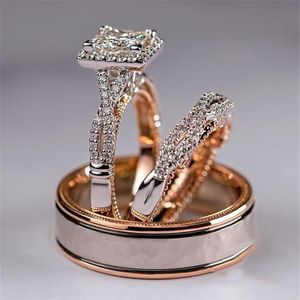 Bröllopsringar Luxury Princess Cut Cubic Rose Gold Zircon Bridal Marriage 3PC Set Elegant Accessories Brilliant Women Jewelry230p