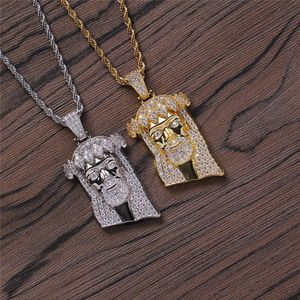 Hip Hop Jesus Head Pendant Necklace Gold Silver Plating with Rope Chain Tennis Chain Iced Out Full Zircon Mens Necklace302a