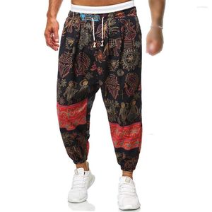 Pantaloni da uomo Pantaloni larghi da uomo in cotone e lino stampato floreale Harem larghi Hippy Yoga Festival Moda casual da uomo tradizionale giapponese