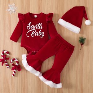 Kläder set ma baby 0-18m jul född spädbarn baby flicka kläder santa santa romper flare byxor hatt sammet xmas outfits kläder d01 230925