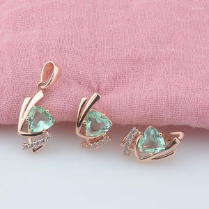 Halsbandörhängen Set FJ Women 585 Rose Gold Color Light Green Stone Pendant med smycken